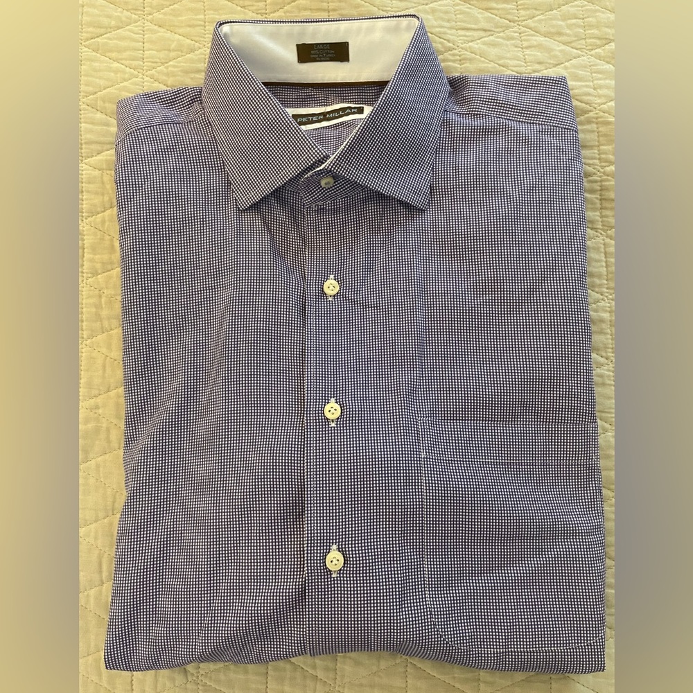PETER MILLAR Button Under‎ Collar Mini Check Sport Shirt in Blue Size L $178